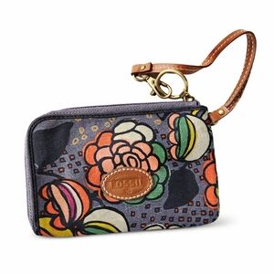 Fossil Floral Canvas Key-Per Wristlet Wallet Zip Key Pouch